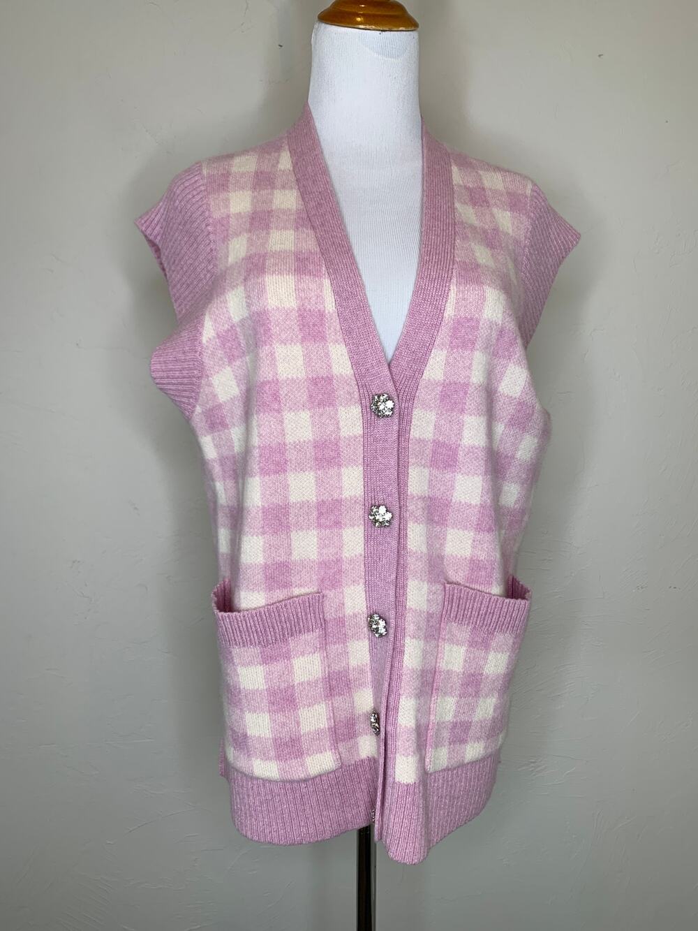 Charter Club Pink Cream Cashmere Vest Gingham Sz Medium